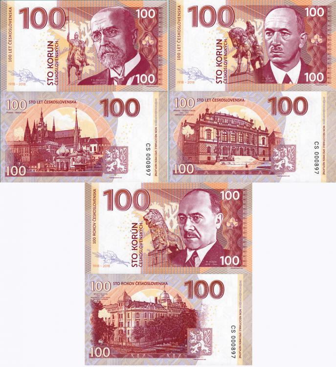 2018 - 100 koron (3szt) - 100. rocznica powstania Czechosowacji - Masaryk, Benes, Hodza (zestaw)