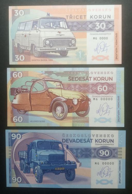 2021/010as - 30, 60, 90 koron - Praga V3S, Skoda 1203, Velorex 16/350 - seria MG00000 + autografy